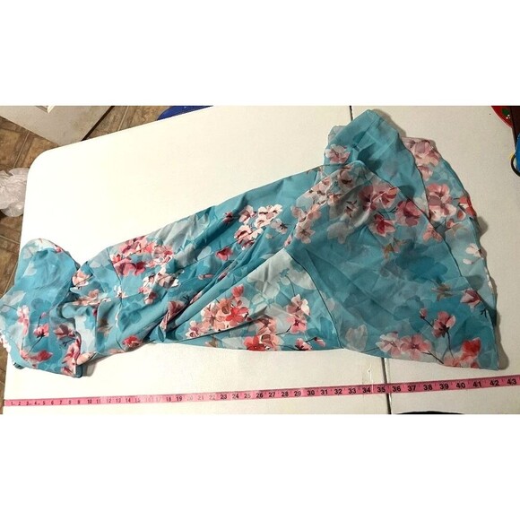 Adrianna Papell Floral Flutter Sleeve Wrap Dress Size 2 Aqua Pink Ruffle Hem - Picture 10 of 10